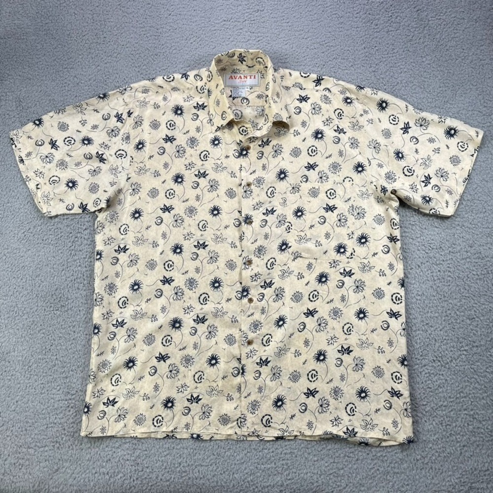 Avanti 100% Silk‎ Hawaiian Shirt Men XL Floral Cream Blue Pocket FLAW